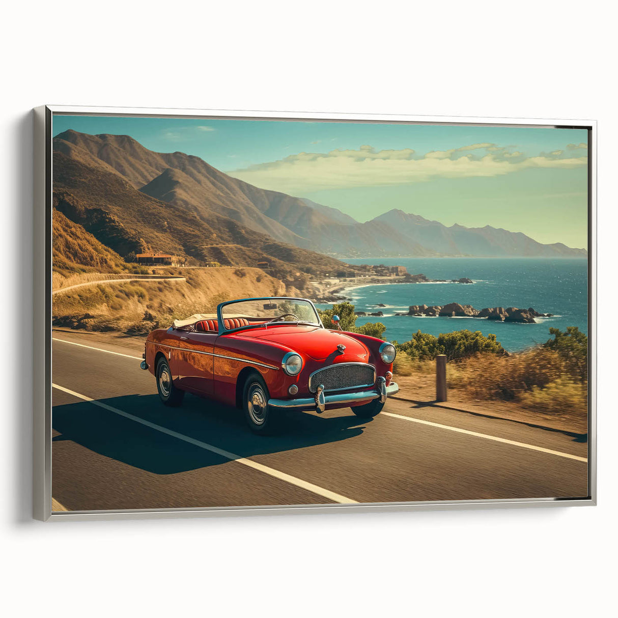 Framed canvas artwork showcasing a serene landscape design with winding roads, featuring a silver frame that enhances the modern aesthetic, ideal for home decor.