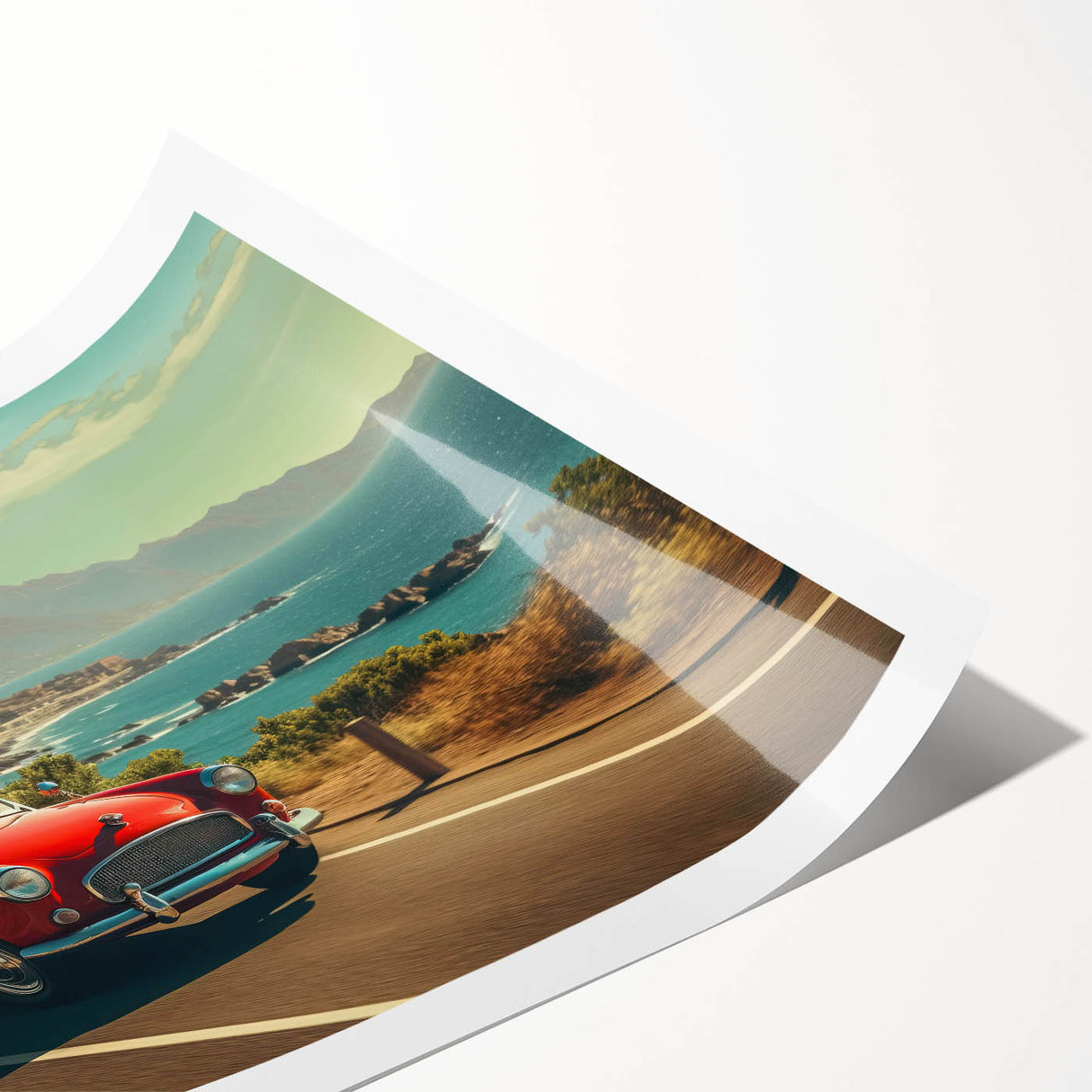 Vibrant rolled print of a contemporary landscape featuring winding roads and lush greenery, perfect for home decor. Packaged securely for delivery.