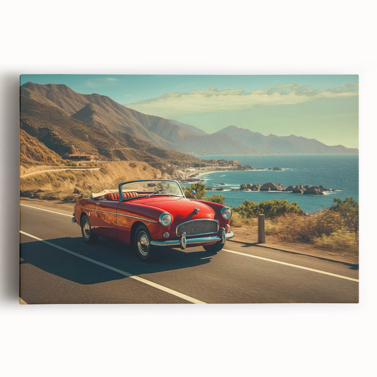 Vibrant stretched canvas wall art showcasing a serene landscape road design, featuring rich greens and blues, ideal for home decor and enhancing ambiance.