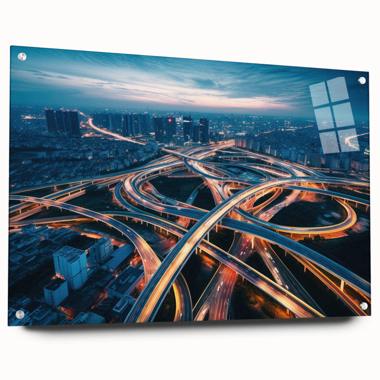 Acrylic glass wall art showcasing a vibrant landscape road design, featuring a side view with decorative pins, ideal for modern home decor and artistic displays.