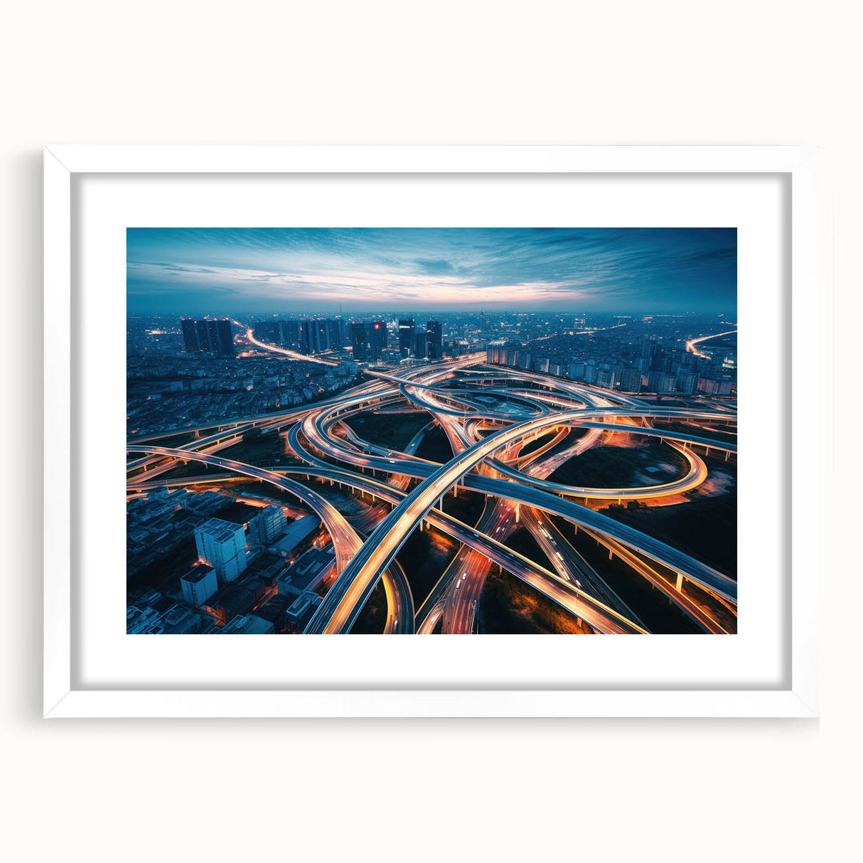 Framed wall art featuring a scenic landscape and winding road design, presented in a white mat and frame, ideal for home decor and aesthetic enhancement.