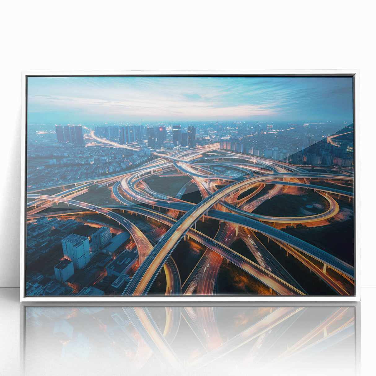 Framed acrylic wall art showcasing a serene landscape road design, featuring soft pastel colors and a contemporary white frame, perfect for modern home decor.