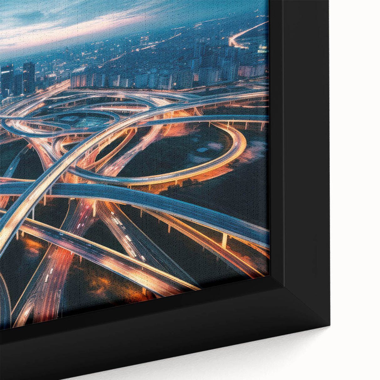 Framed canvas wall art featuring a vibrant landscape design with winding roads, rich colors, and intricate details, perfect for modern home decor.