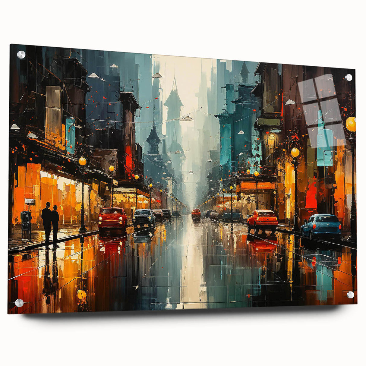 Acrylic glass wall art displaying a vibrant landscape design featuring winding roads and lush greenery, showcased in a side view with decorative pins for easy hanging.