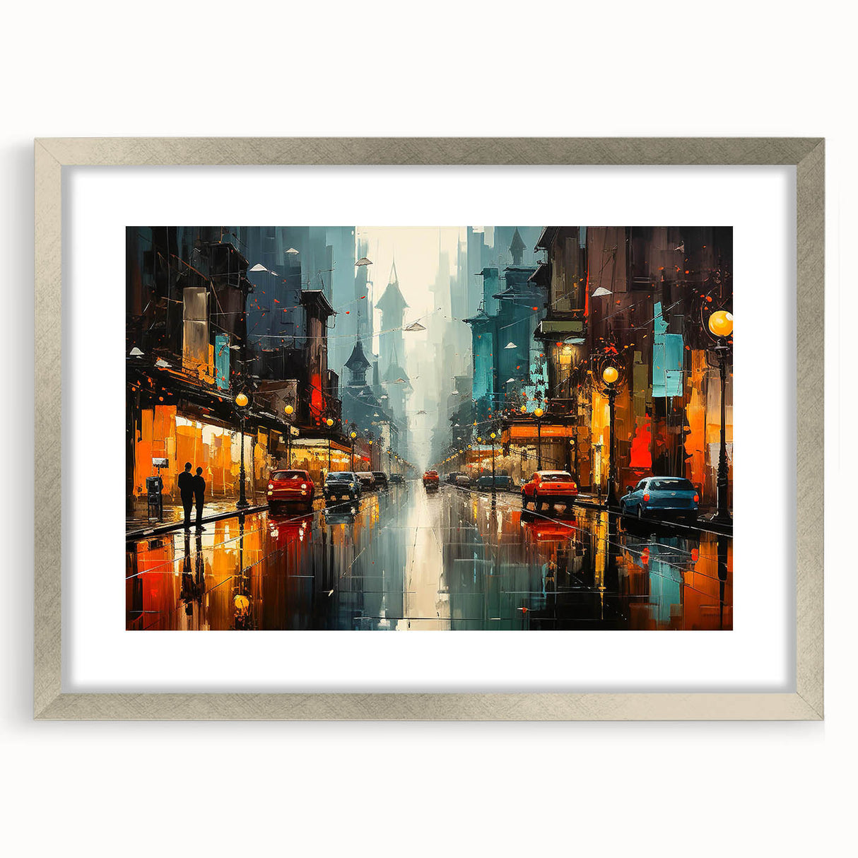 Framed wall art featuring a serene landscape design with a silver mat, ideal for home decor, showcasing a tranquil road surrounded by lush greenery.