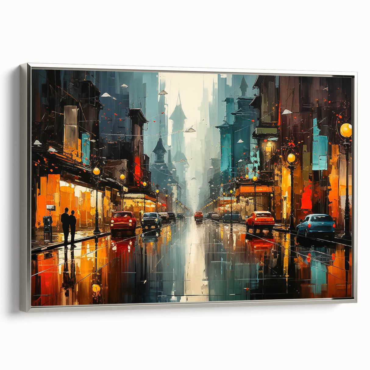 Framed canvas wall art depicting a serene landscape scene with winding roads and lush greenery, featuring a silver frame that enhances its modern aesthetic. Ideal for home decor, this piece adds tranquility and elegance to any room.