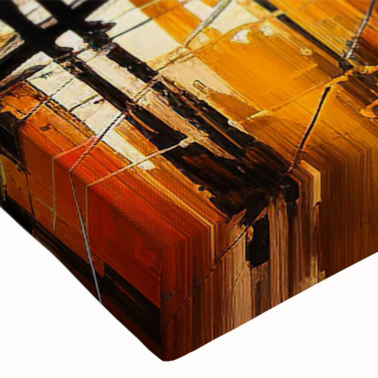 Close-up of a stretched canvas wall art piece showcasing a vibrant landscape design with winding roads, rich colors, and intricate details, perfect for home decor.