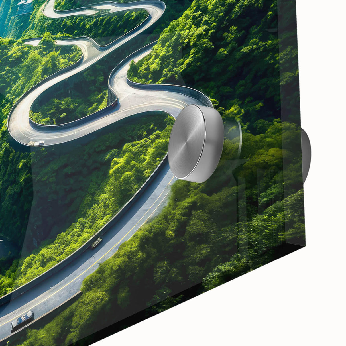 Close-up of a vibrant acrylic glass wall art piece showcasing a stunning landscape design, perfect for modern home decor, highlighting rich colors and intricate details.