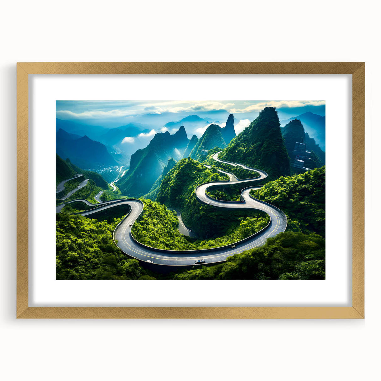 Framed wall art showcasing a scenic landscape with winding roads, featuring a gold mat and sleek frame, perfect for modern home decor and interior design enthusiasts.