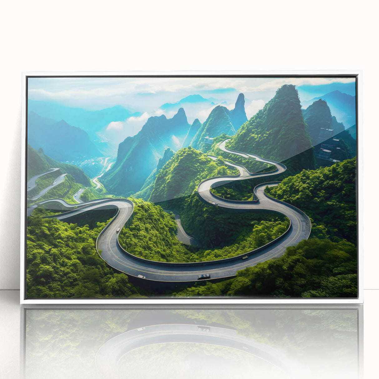 Framed acrylic wall art showcasing a scenic landscape with winding roads, featuring a clean white frame. Perfect for modern home decor and wall decoration.