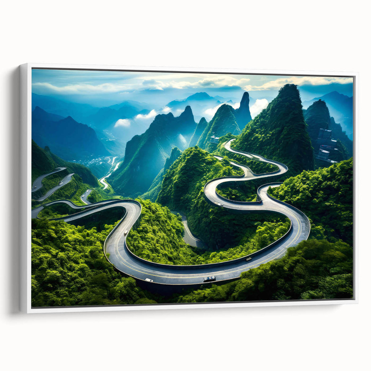 Framed canvas wall art showcasing a serene landscape with winding roads and lush greenery, designed in a modern style with a white frame, perfect for home decor.