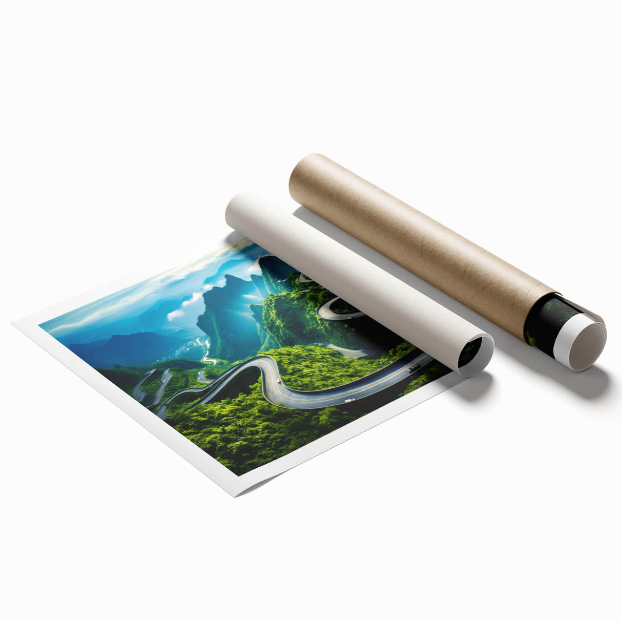 Rolled print showcasing a scenic landscape road design with vibrant colors, ideal for modern home decor. Comes packaged in a protective cardboard tube for easy handling.