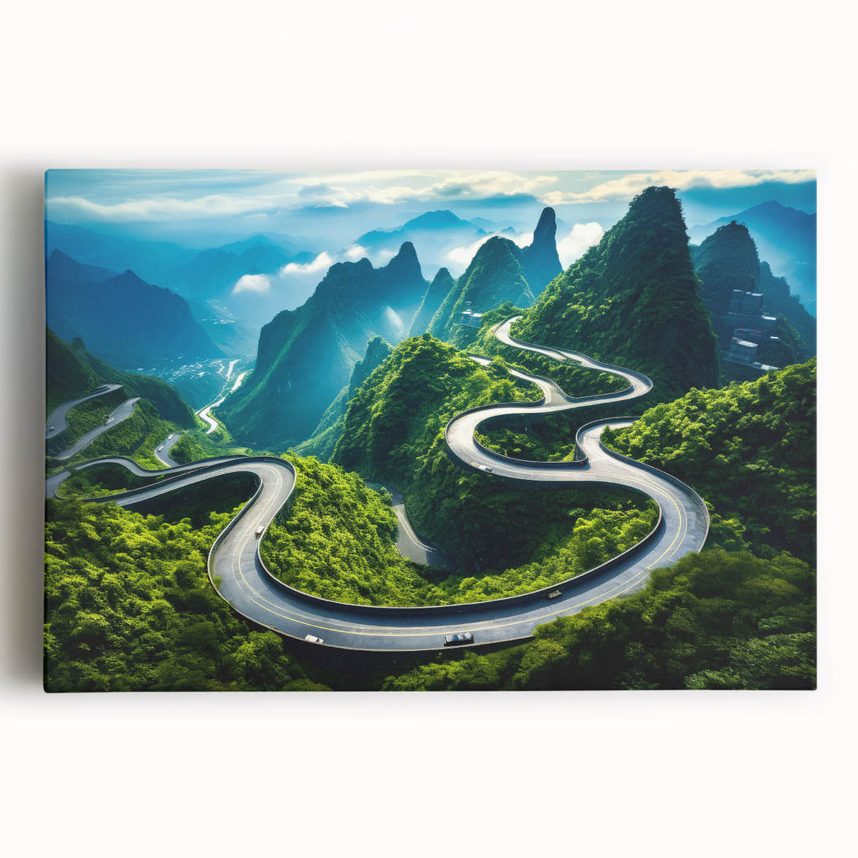 Stretched canvas artwork featuring a serene landscape with winding roads and lush greenery, ideal for home decor or office environments, enhancing tranquility and aesthetics.