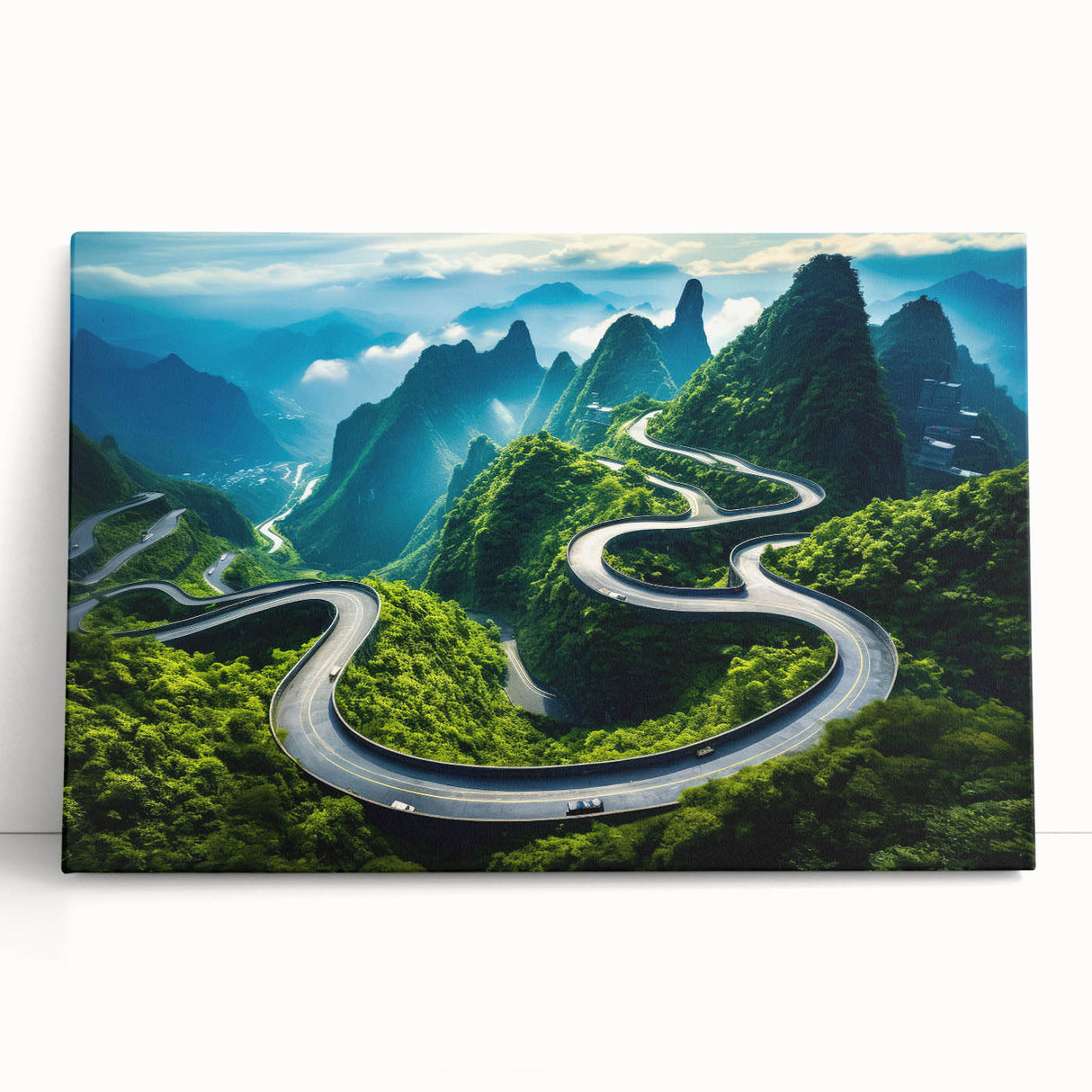 Stretched canvas wall art showcasing a serene landscape with winding roads and lush greenery, perfect for enhancing home decor. Ideal for nature lovers and art enthusiasts.