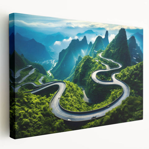 Stretched canvas wall art showcasing a scenic landscape with winding roads, vibrant greenery, and a serene sky, perfect for modern home decor. Ideal for adding a touch of nature-inspired elegance to living spaces.