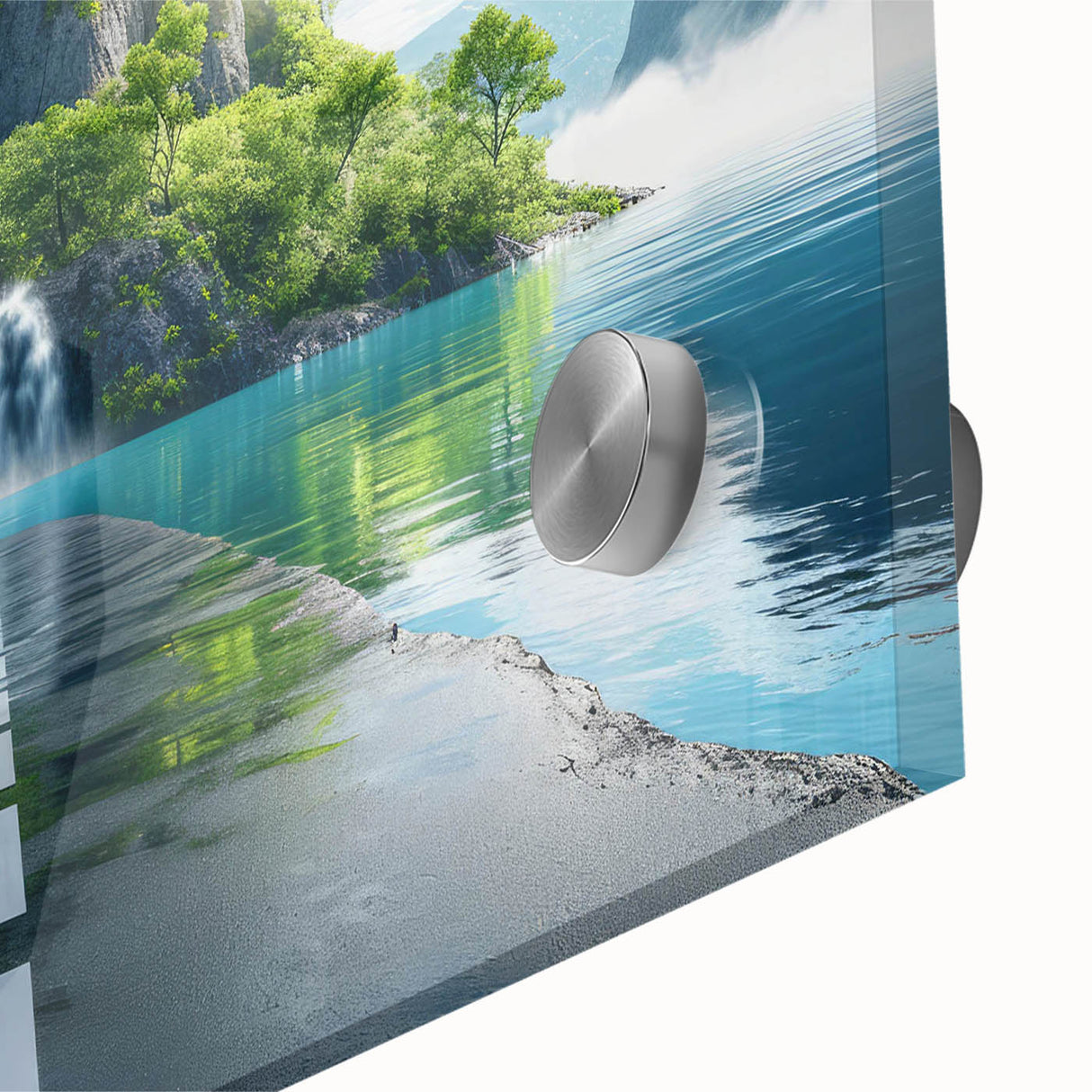 Close-up of a vibrant acrylic glass wall art piece showcasing a stunning landscape design with winding roads and lush greenery, perfect for home decor.