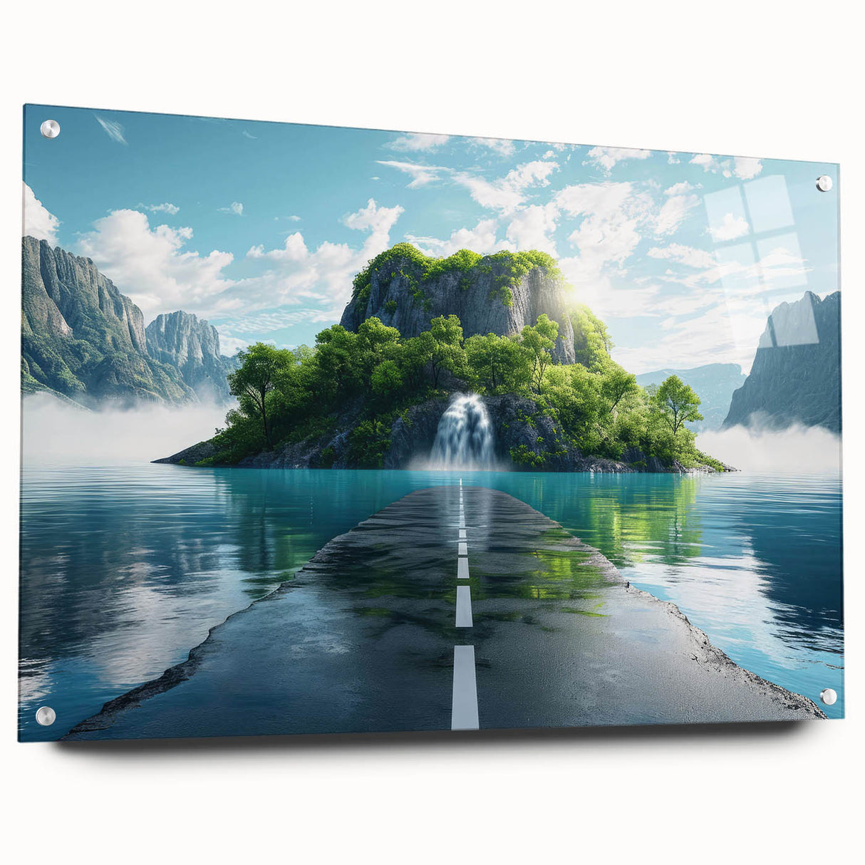 Acrylic glass wall art depicting a scenic landscape with winding roads, highlighted by vibrant colors and intricate details, designed to enhance modern interiors.