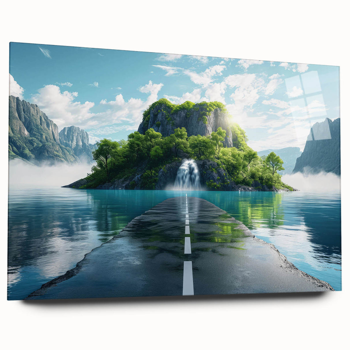 Acrylic wall art showcasing a vibrant landscape design featuring winding roads and lush greenery, presented in a sleek side view without pins, perfect for modern decor.