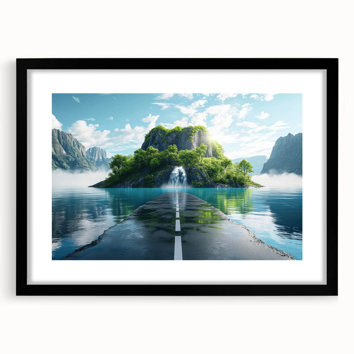 Framed landscape wall art featuring a serene road design with a black mat, perfect for modern home decor, showcasing vibrant colors and depth.