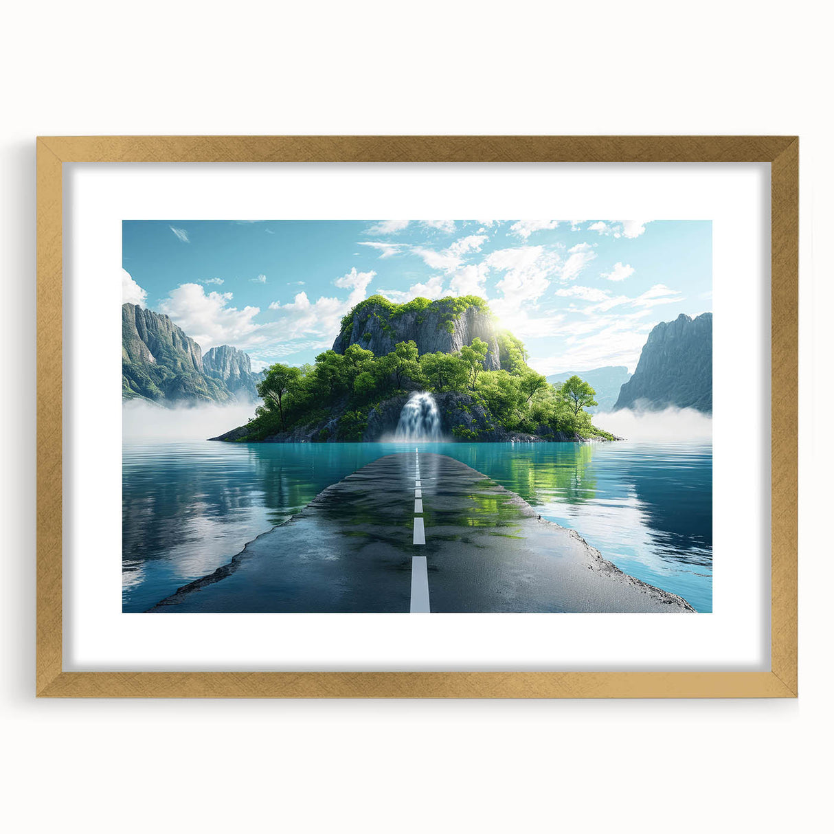 Framed wall art featuring a serene landscape road design, presented in a gold frame with a mat. Ideal for home decor, adding elegance and tranquility to any space.