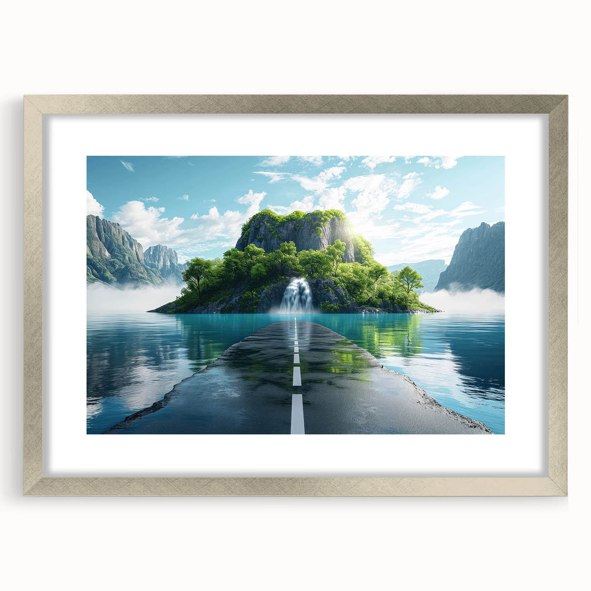 Framed silver wall art featuring a scenic landscape and winding road design, accented with a mat, ideal for modern home decor and adding elegance to any room.