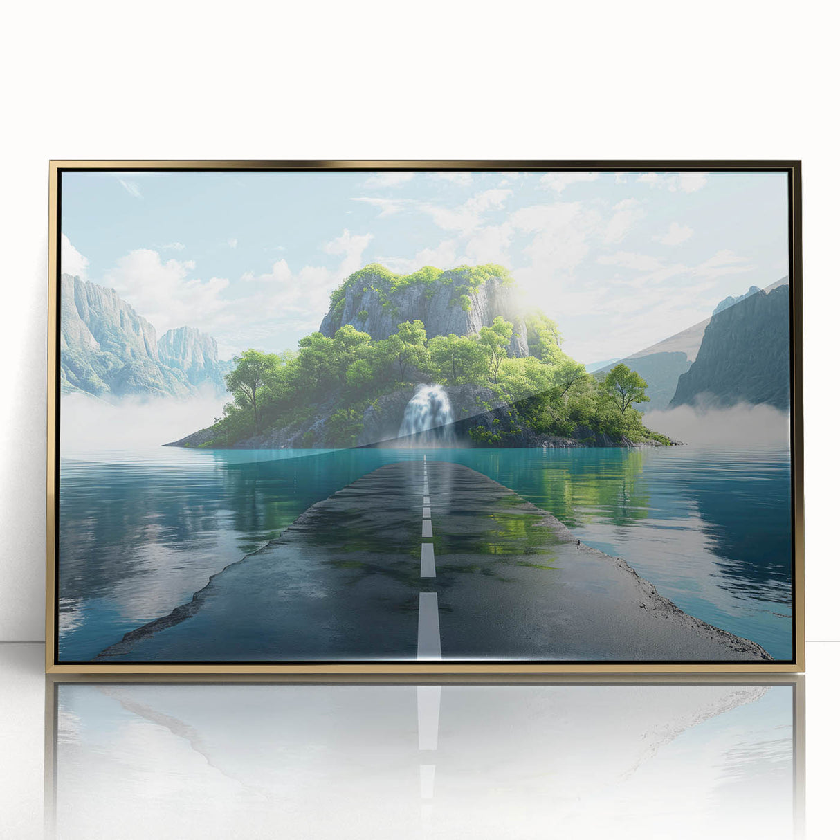 Framed wall art featuring a striking landscape design with winding roads and vibrant colors, elegantly presented in a gold-accented frame, perfect for home decor.