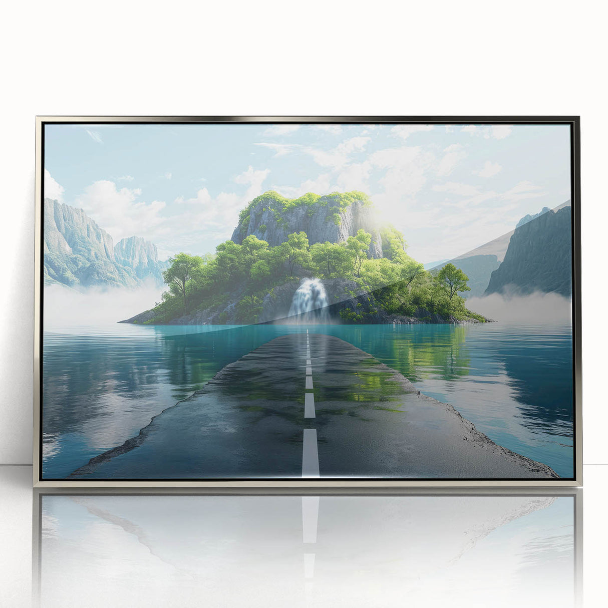 Framed acrylic wall art featuring a stunning landscape design with a winding road, set against a serene backdrop of lush greenery and vibrant blue sky. Ideal for modern home decor.