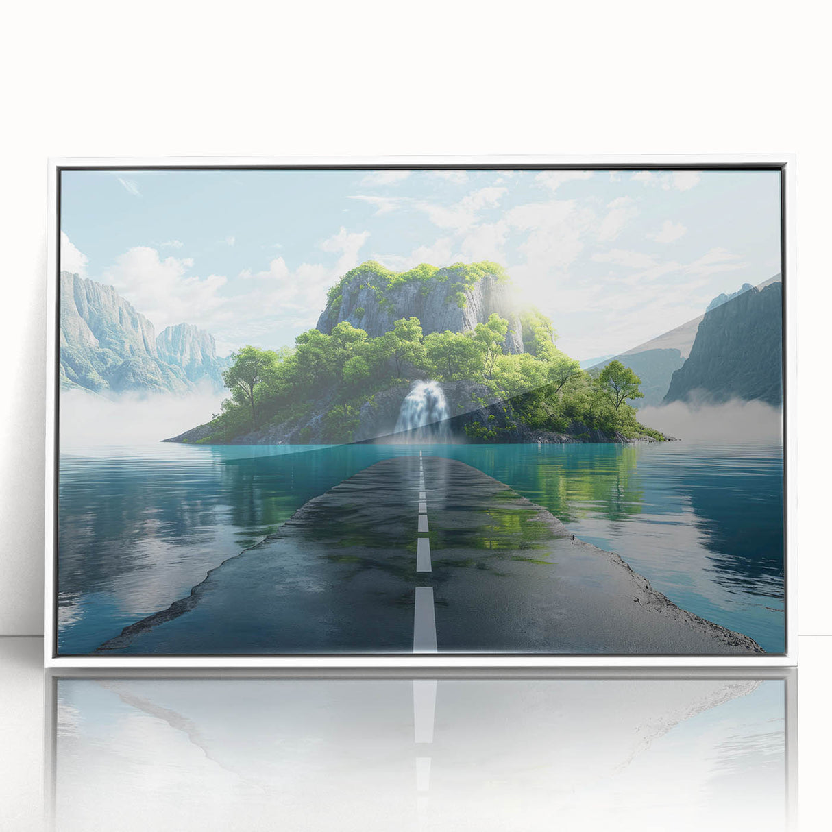 Framed acrylic wall art featuring a serene landscape with winding roads, presented in a sleek white frame, perfect for modern home decor. Ideal for enhancing interior spaces with nature-inspired aesthetics.