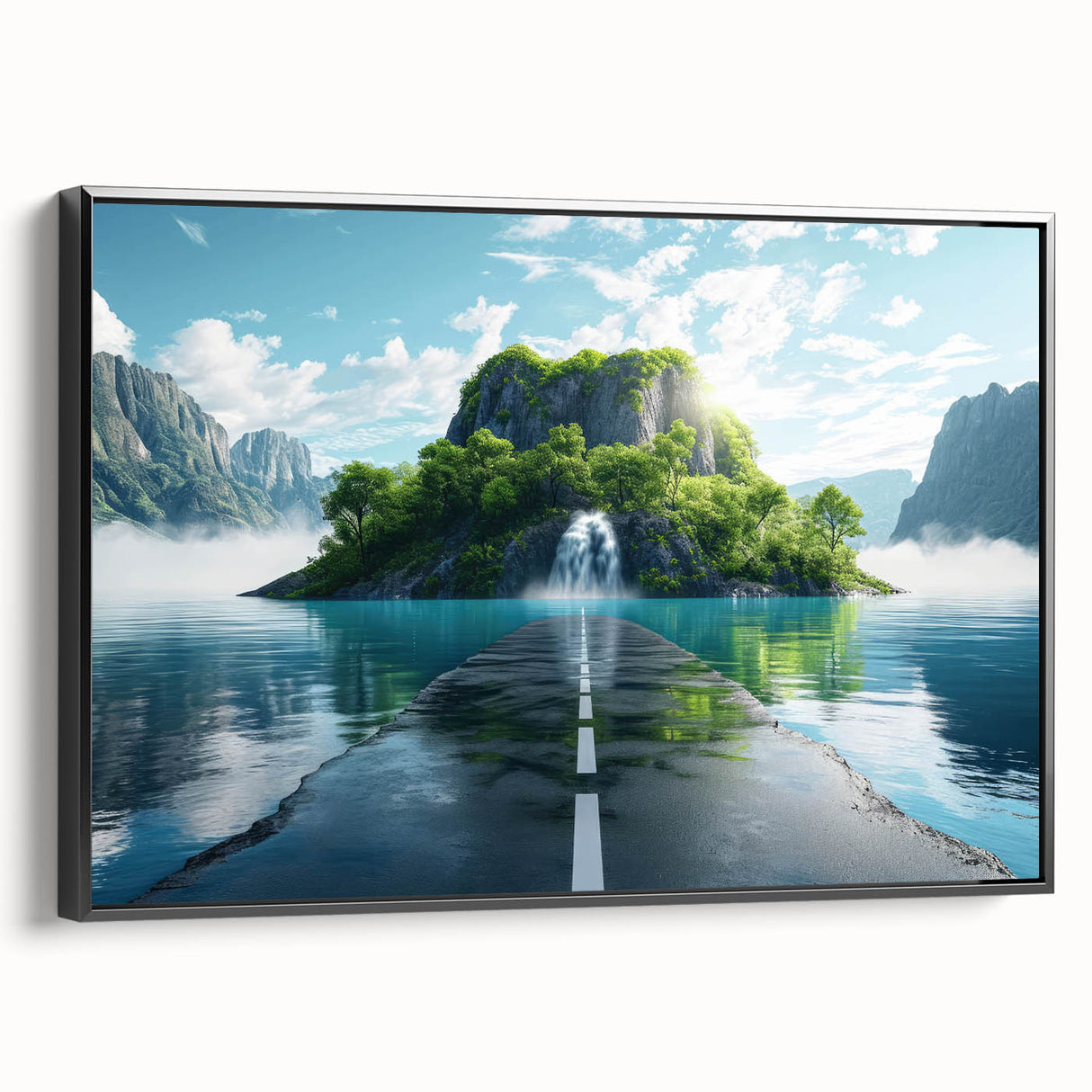 Framed canvas wall art showcasing a scenic landscape with winding roads, presented in a sleek black frame. Perfect for modern home decor, adding depth and warmth to interiors.
