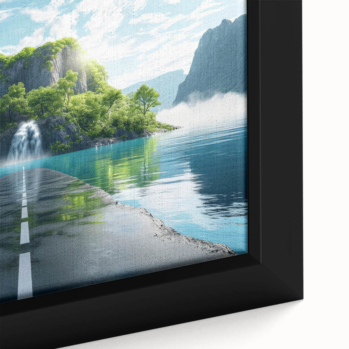 Framed canvas wall art showcasing a vibrant landscape design with winding roads and lush greenery, ideal for enhancing home decor with a touch of nature.
