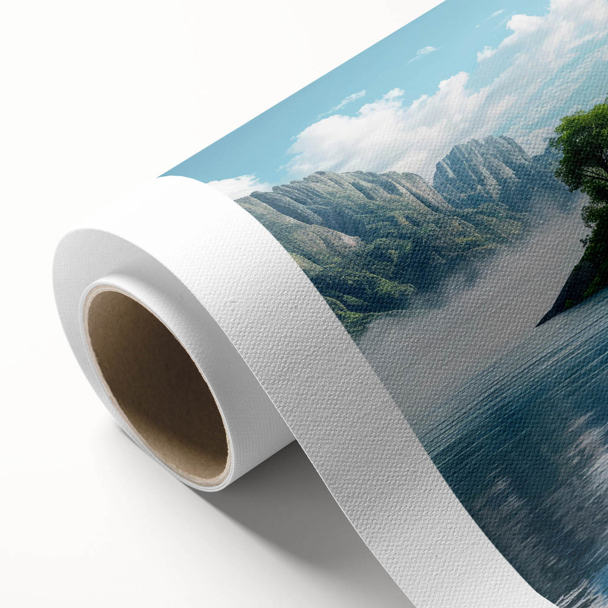 Rolled canvas art showcasing a serene landscape with winding roads and vibrant hues, ideal for home decor; elegantly packaged in a protective tube.