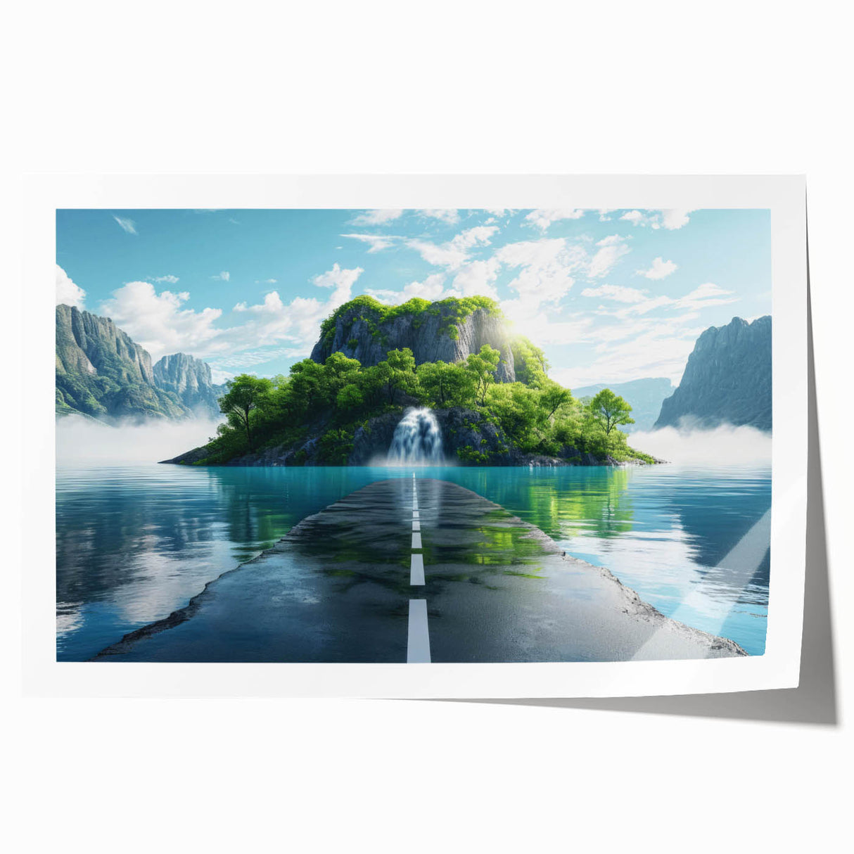 Vibrant rolled print of a scenic landscape showcasing winding roads through lush greenery, perfect for home decor or office art, delivered in protective packaging.