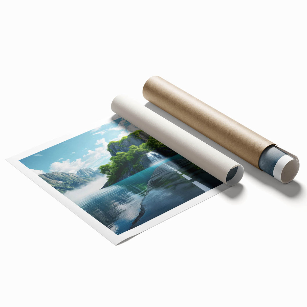 Rolled print showcasing a vibrant landscape road design, featuring rich colors and intricate details, ideal for home decor and interior design enthusiasts.