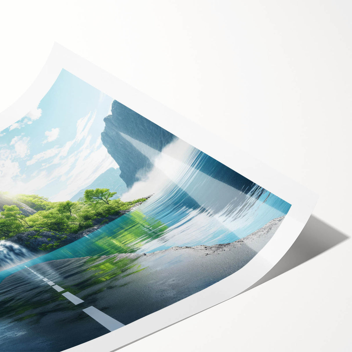 Vibrant rolled print of a serene landscape featuring winding roads and lush greenery, ideal for home decor and interior design, packaged securely in a protective tube.