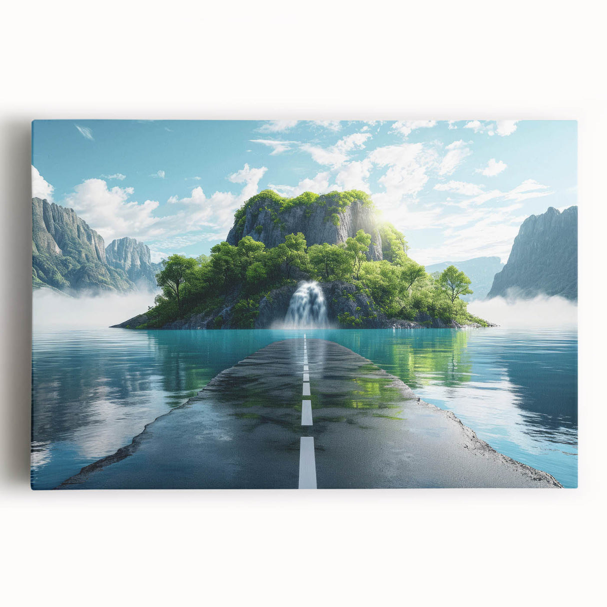Vibrant stretched canvas artwork depicting a serene landscape with winding roads and lush greenery, ideal for enhancing home decor and creating a calming atmosphere.