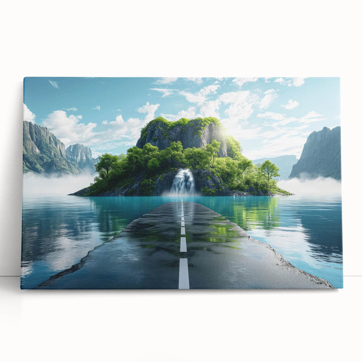 Stretched canvas wall art showcasing a scenic landscape with winding roads and vibrant colors, perfect for home decor or office aesthetics, leaning against a textured background.