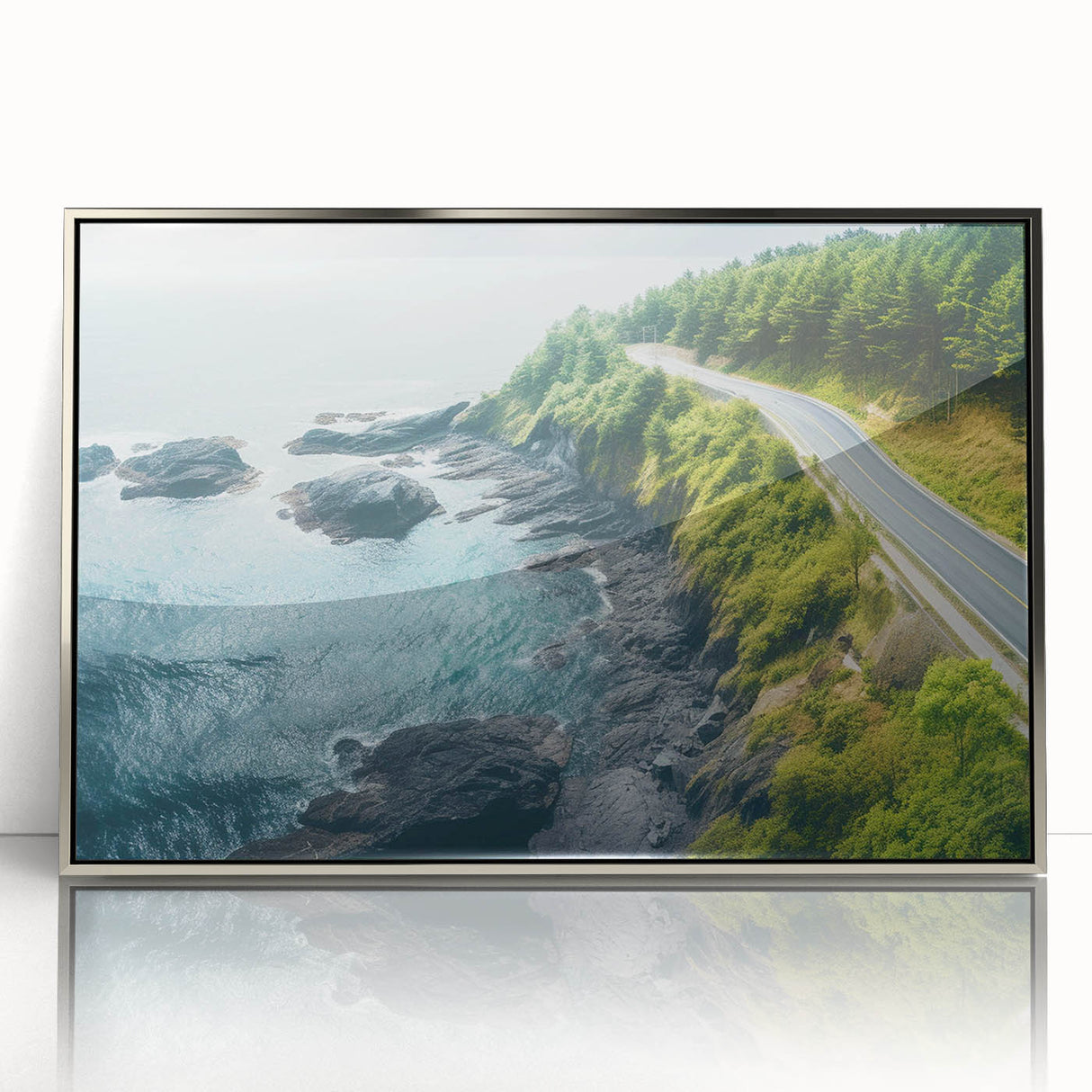 Framed acrylic wall art depicting a scenic landscape with winding roads, featuring vibrant colors and a modern design, perfect for enhancing home décor.