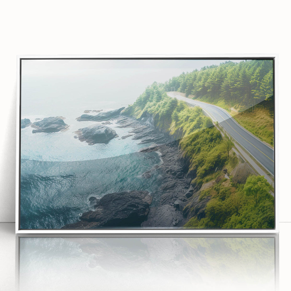 Framed acrylic wall art showcasing a serene landscape road design, featuring vibrant colors and a clean white frame, perfect for modern home decor.