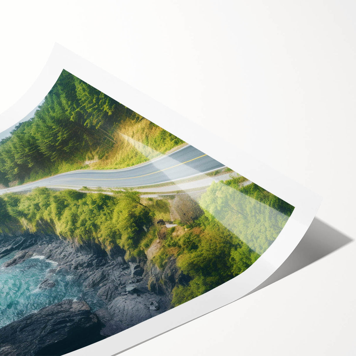 Rolled print showcasing a vibrant landscape road design, featuring lush greenery and a serene pathway. Perfect for home decor, elegantly packaged in protective cardboard.