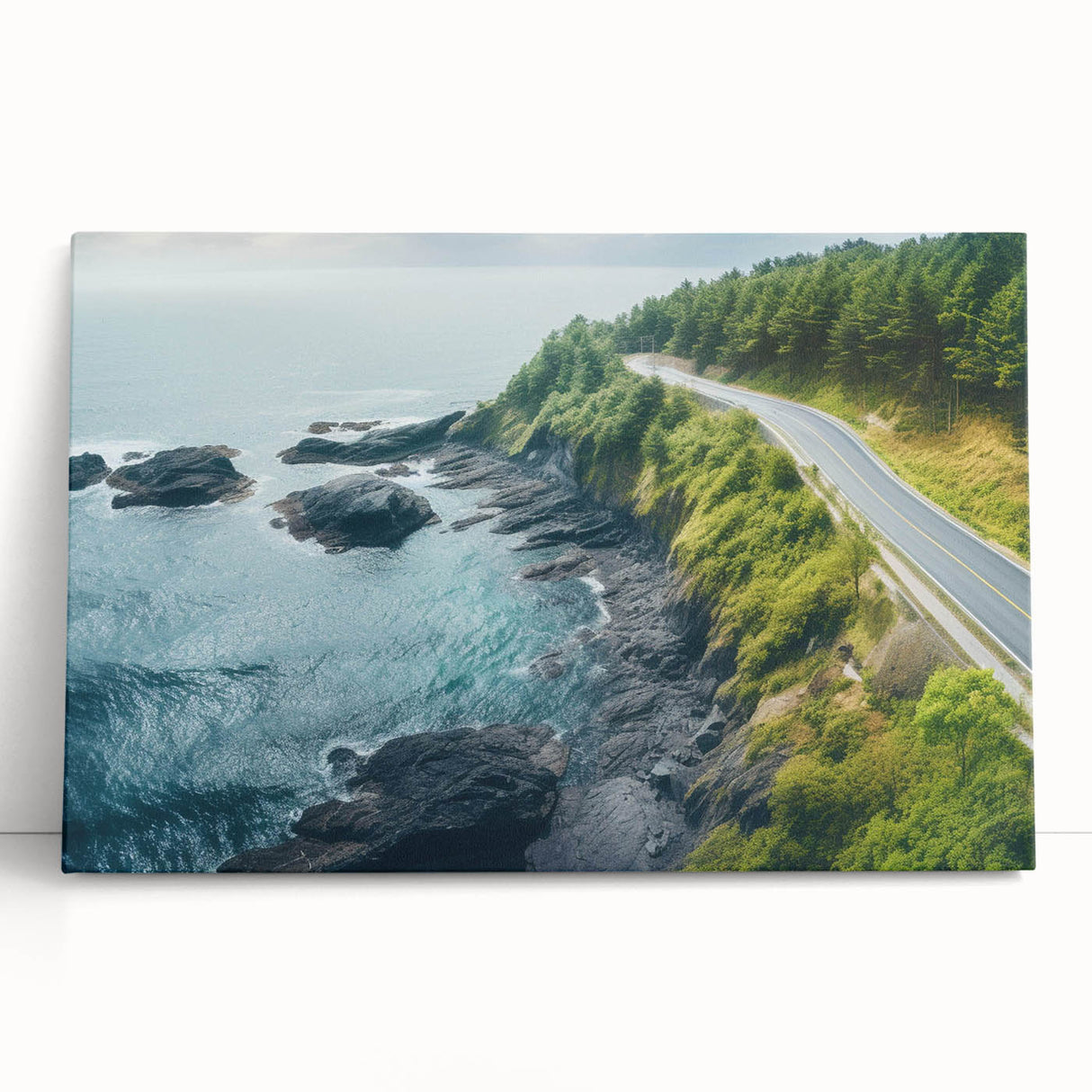 Stretched canvas wall art showcasing a serene landscape with winding roads, vibrant colors, and natural scenery, perfect for home decor and artistic enhancement.