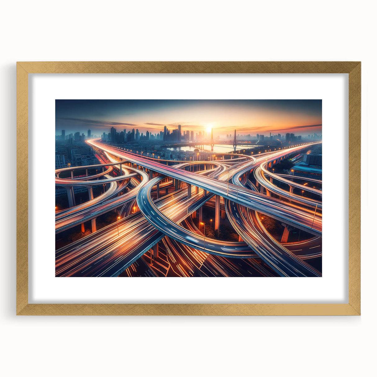 Framed wall art showcasing a stunning landscape road design, featuring a gold mat and sleek frame, perfect for enhancing interior decor with vibrant aesthetics.