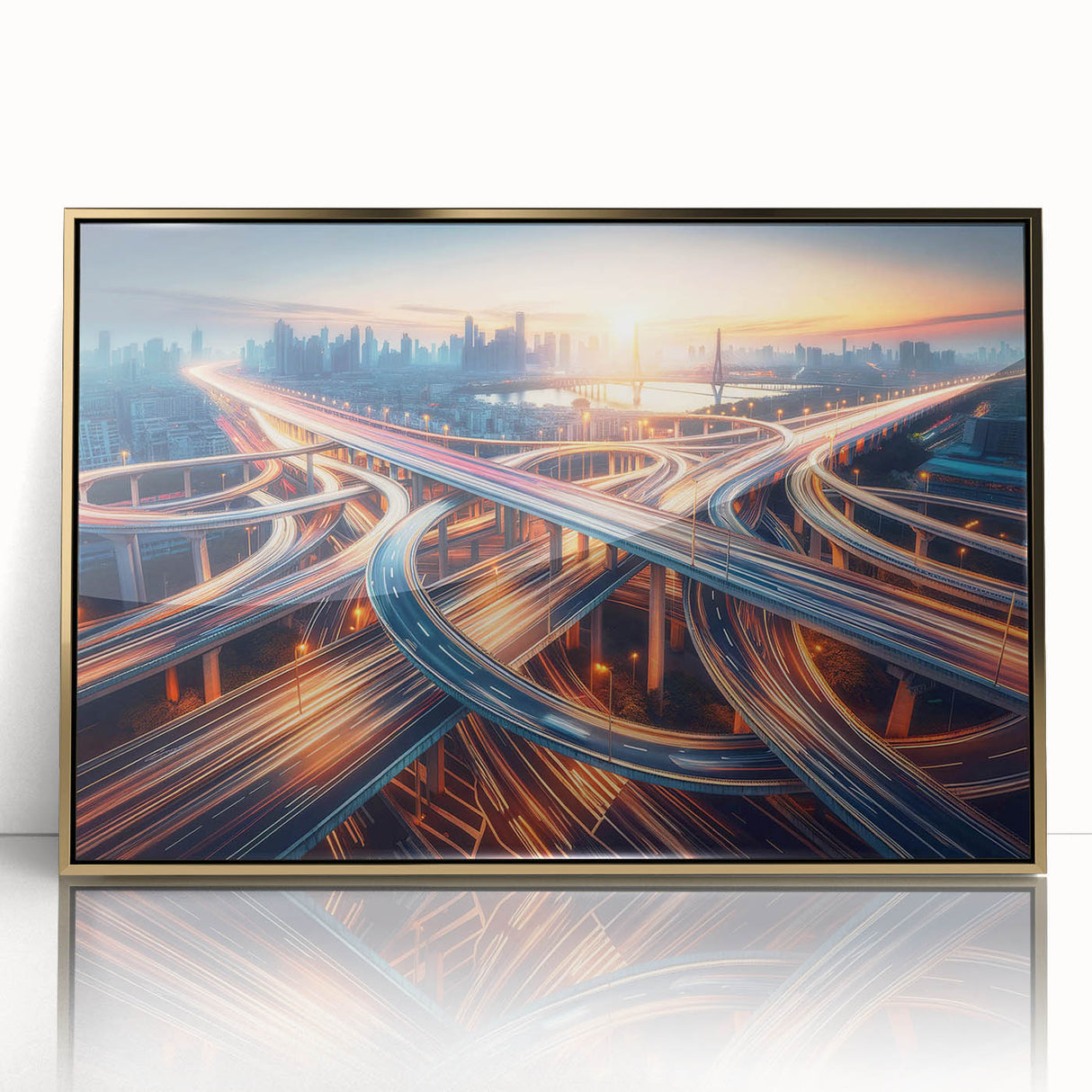Framed acrylic artwork showcasing a stunning landscape road design with golden accents, ideal for modern home decor and gallery walls. Perfect for art enthusiasts.
