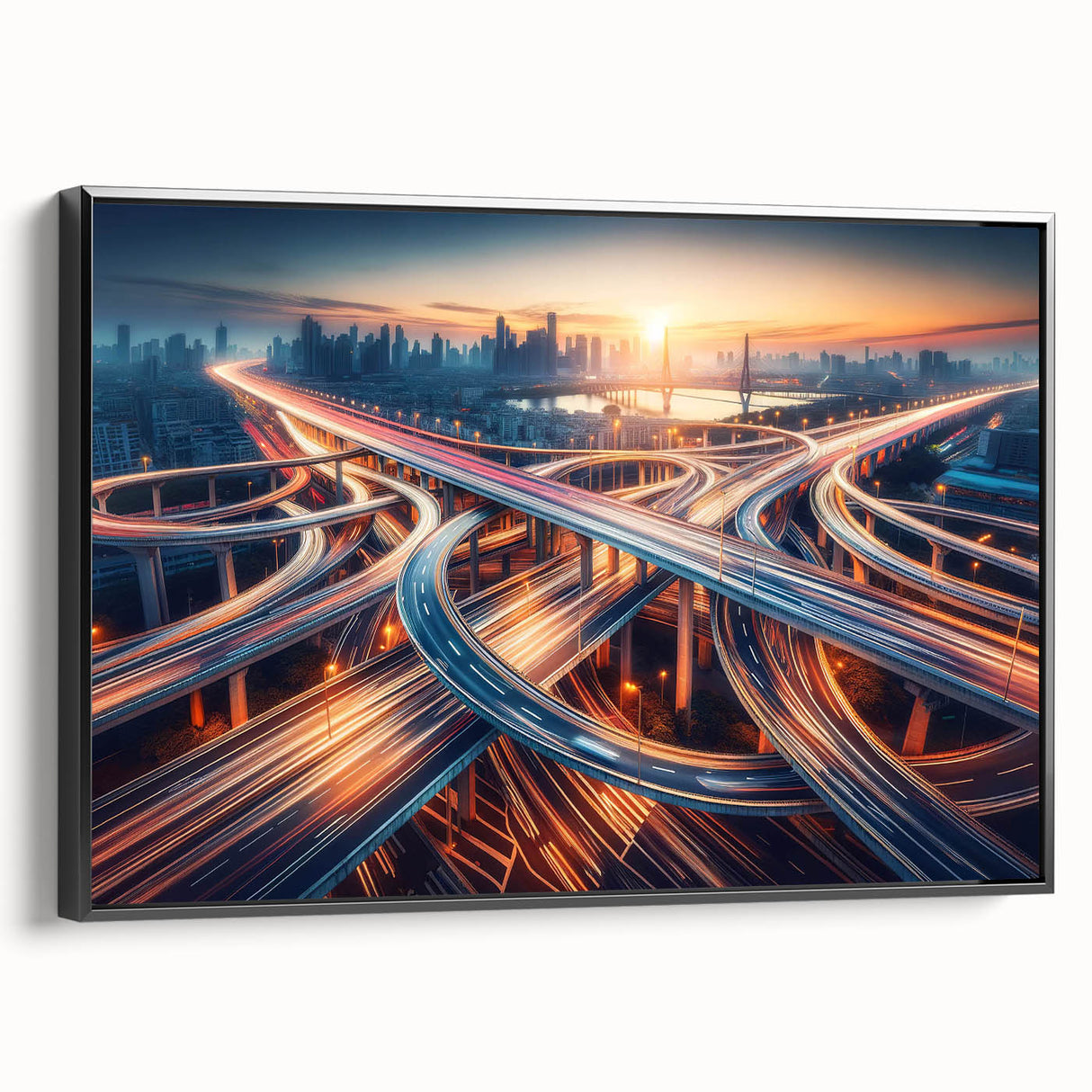 Framed canvas wall art showcasing a serene landscape with winding roads, featuring vibrant colors of green and blue, perfect for modern home decor.