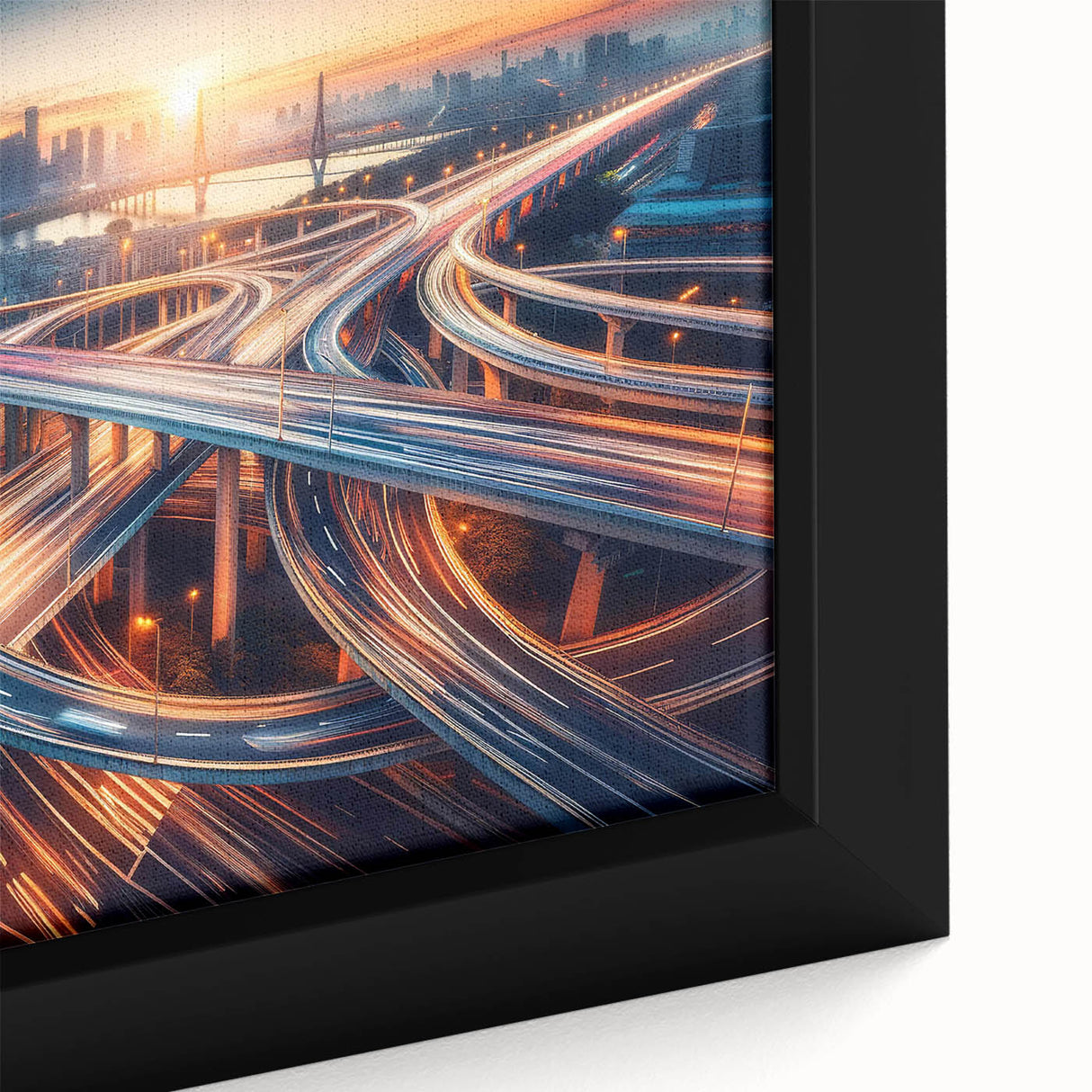 Framed canvas wall art featuring a serene landscape with winding roads, vibrant greenery, and a clear blue sky, ideal for home decor or office spaces.