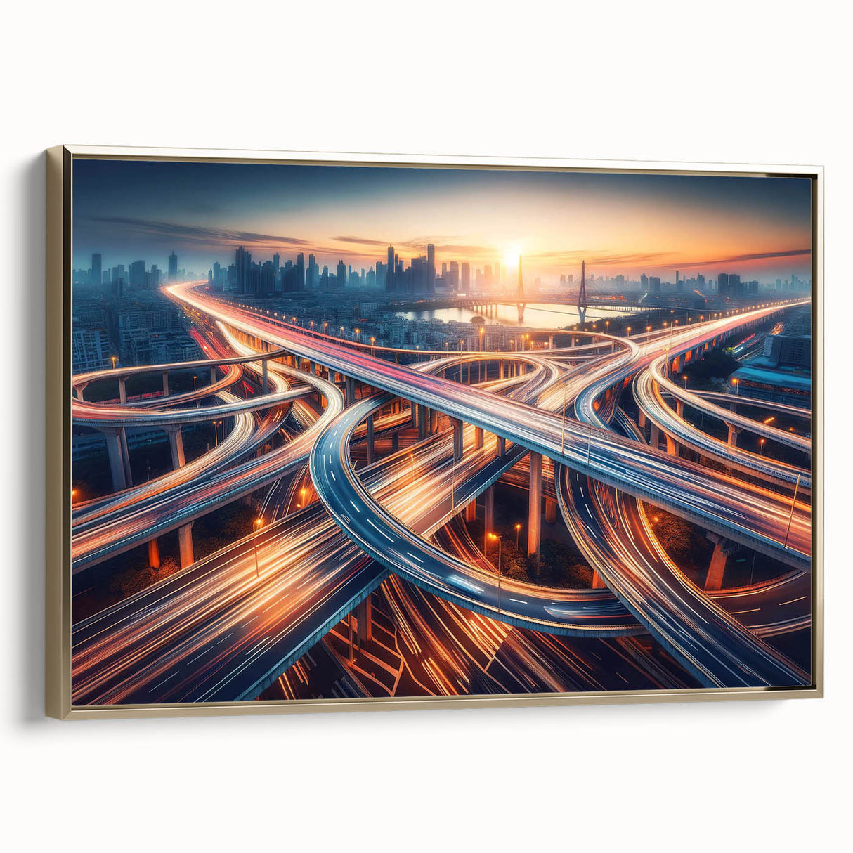 Framed canvas wall art showcasing a serene landscape with winding roads, highlighted by elegant gold accents, perfect for modern home decor.
