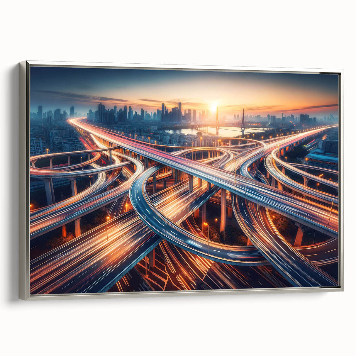 Framed canvas artwork showcasing a serene landscape road design in silver tones, perfect for modern home decor, set against a minimalist backdrop.