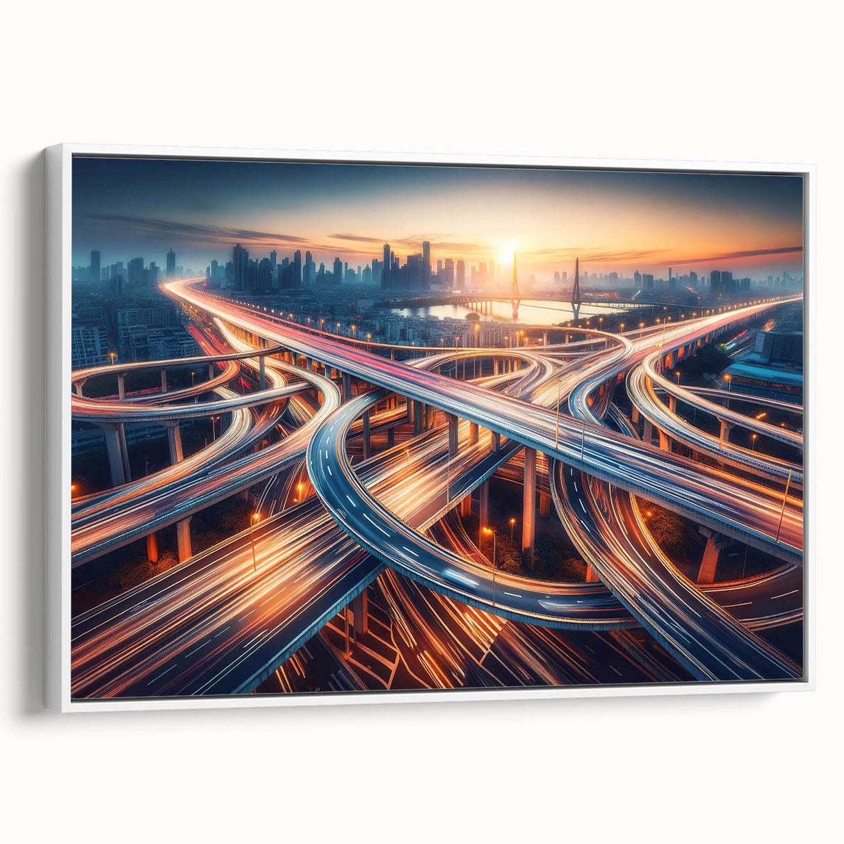 Framed canvas wall art showcasing a serene landscape with winding roads, set against white borders, perfect for modern home decor and enhancing interior aesthetics.