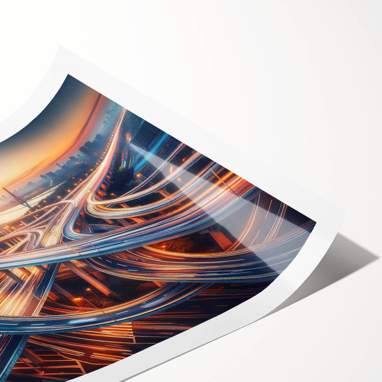 Rolled print of a modern landscape road design featuring vibrant colors and abstract patterns, ideal for home decor, showcasing artistic interpretation of nature.