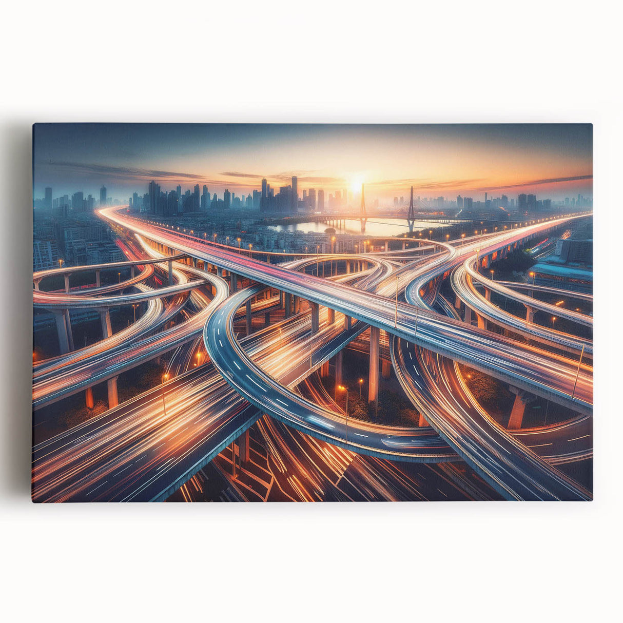 Stretched canvas artwork showcasing a vibrant landscape with winding roads under a bright blue sky, perfect for home decor or office spaces. Ideal for nature lovers.