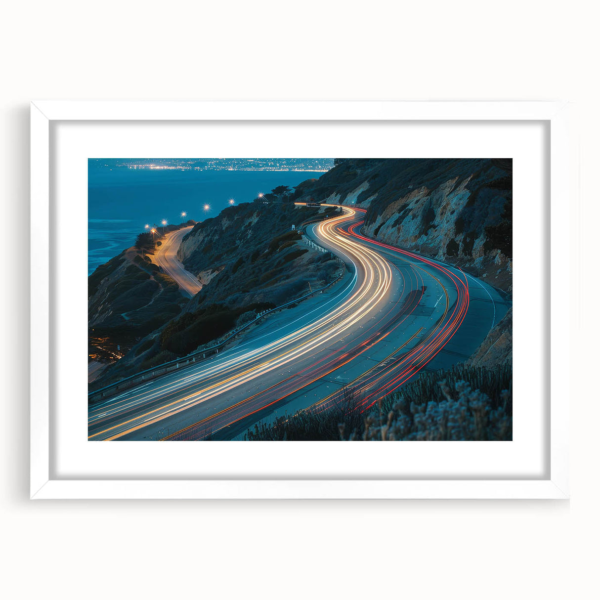 Framed wall art featuring a serene landscape design with a road, encased in a white mat for an elegant presentation, ideal for home decor enhancement.